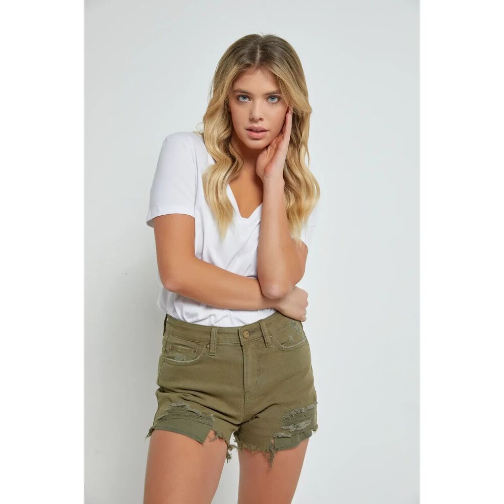 Mica Denim Olive Green Denim High Rise Shorts